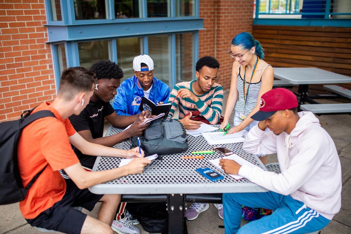 Six students sitting around a table sharing ideas